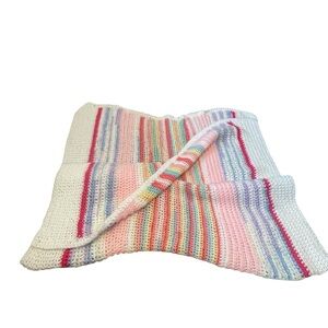 Handmade Knitted Colorful Striped Pastel Knit Blanket EUC